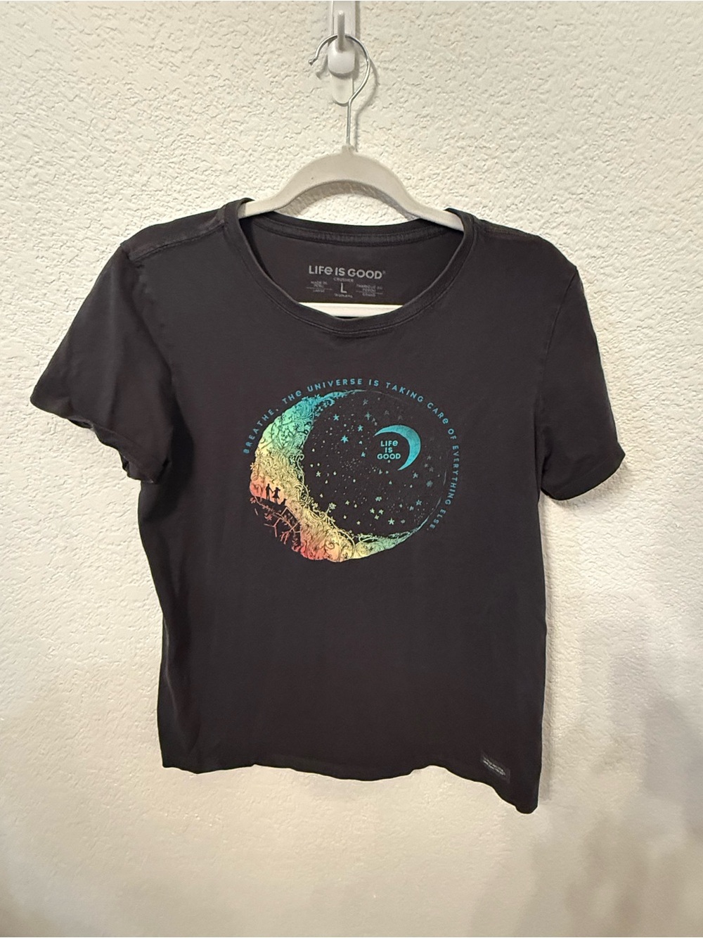 Life is Good Women's Black Graphic Tee with Rainbow Moon